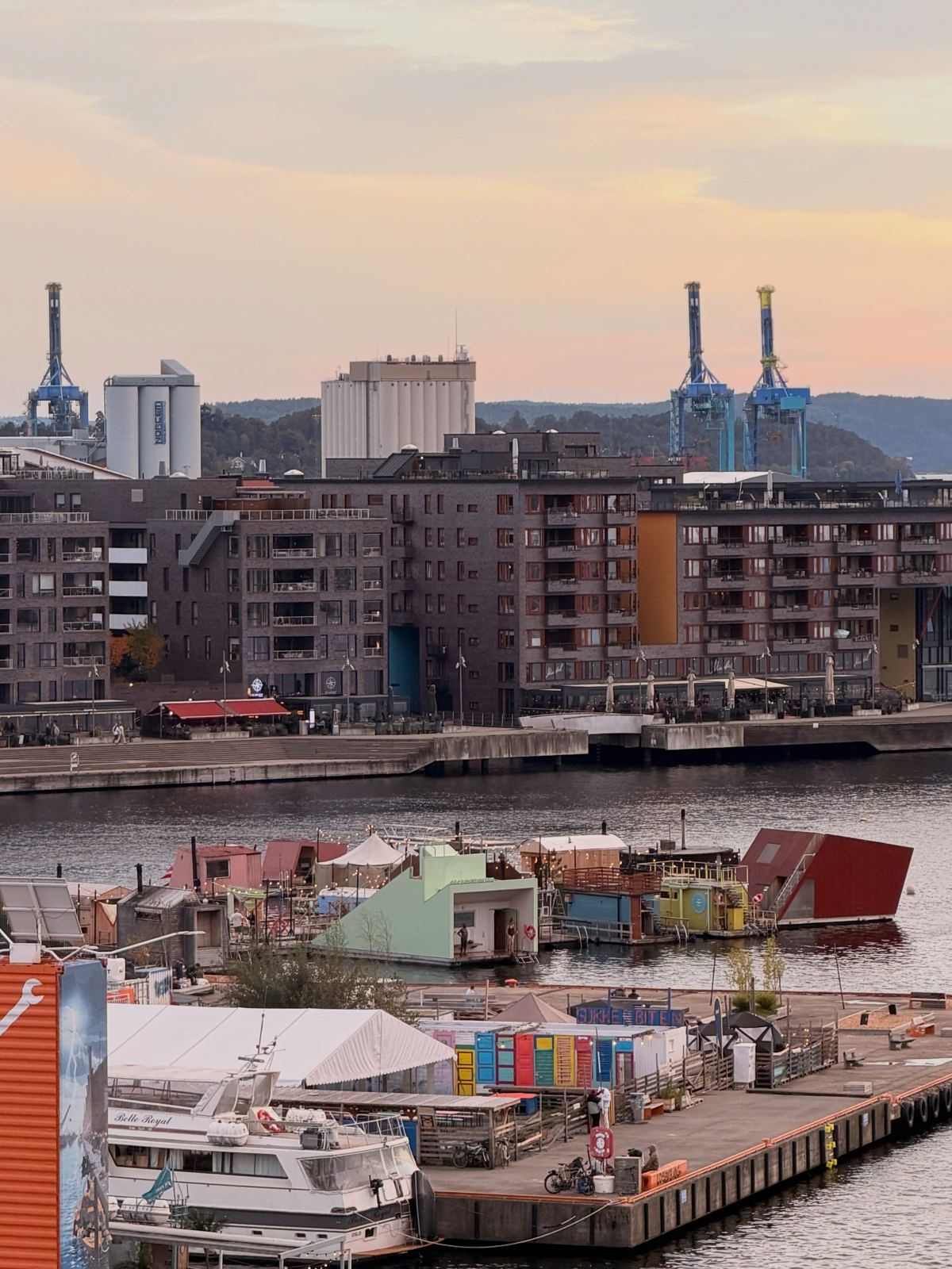 Oslo's waterfront with sauna rafts along the pier